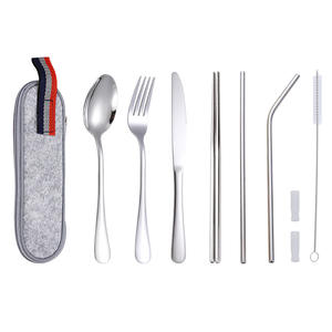 Kunden spezifisches Logo Reise utensilien Wieder verwendbares tragbares Reisebesteck-Set 7-teilig inklusive Messer gabel Löffel Essstäbchen Stroh bürste - Product Image 6