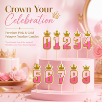 Lot de bougies numérotées pour gâteau, thème Princesse, 0-9, avec couronne et chiffres dégradés roses, sur piques en bois