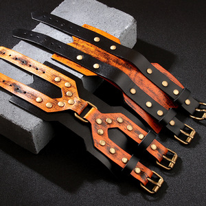 Genuine <b>Leather</b> <b>Bracelet</b> Cowhide Retro Cross Punk Style Wide Wristband X-Shaped Long Strip Jewelry Decorative Fashion Band - Product Image 1