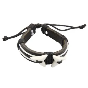 2404 mens leather bracelet with shark tooth charms