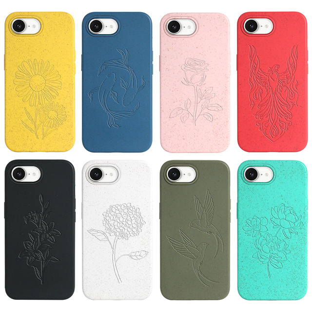 Cute Animal Eco-friendly Phone Case for iPhone 16e Samsung S25 S24 iPhone 15 16 Engraved Pattern Wheat Straw Mobile Cover Custom