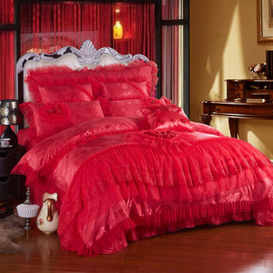 طقم سرير فاخر للعروس بتصميم أميرة من الدانتيل الأحمر المكشكش (11 قطعة) غطاء لحاف صديق للبيئة بأسلوب أوروبي 300 خيط في البوصة - Product Image 4