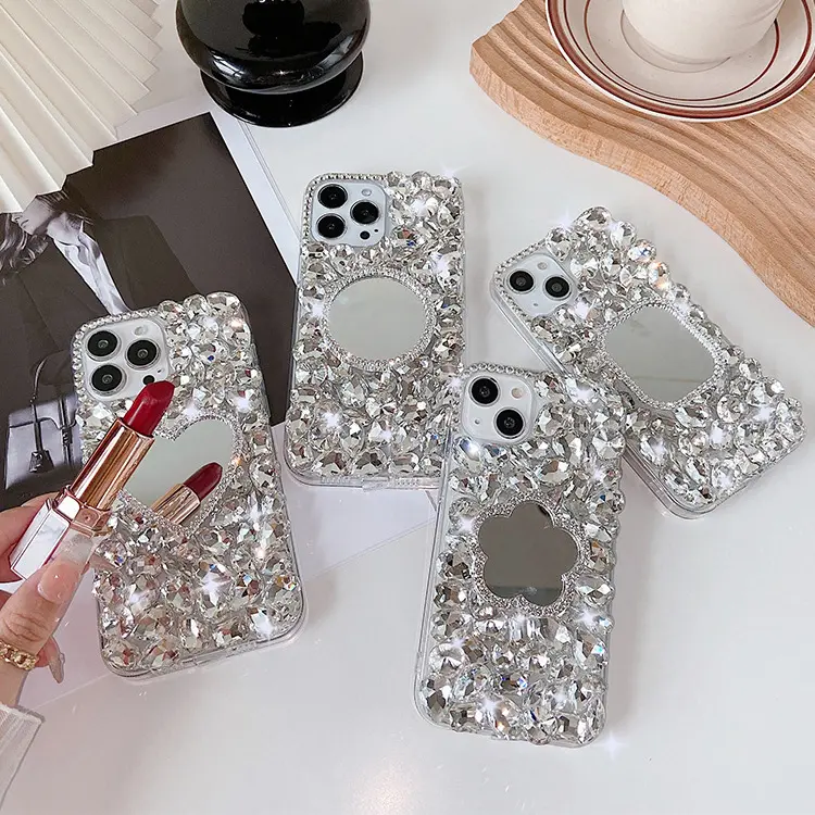 Factory Manufacturer Diamond Bling Makeup Mirror Glitter Girls Cell Phone Case For iPhone 11 Pro 12 13 14 Plus 15 Pro 15 Pro Max