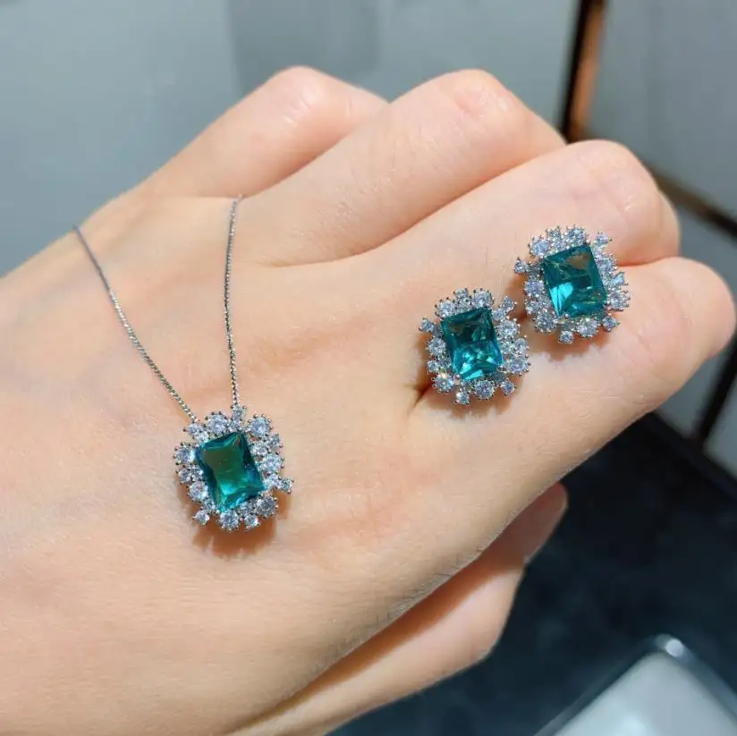 Fashion Luxury Bride Wedding Gemstone Jewelry Set Treasures Blue Tourmaline Zircon Flower Earring Pendant Necklace Set For Women