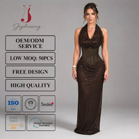 Robe longue élégante marron à sequins Joydressing, col halter, corset sexy, buste drapé, pour soirées et fêtes, vente en gros, fournisseur personnalisé