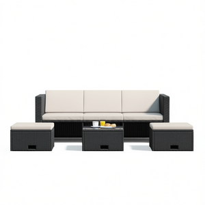 Canapé d'extérieur en rotin noir 3 places avec housses amovibles, ensemble de jardin au design contemporain - Product Image 1