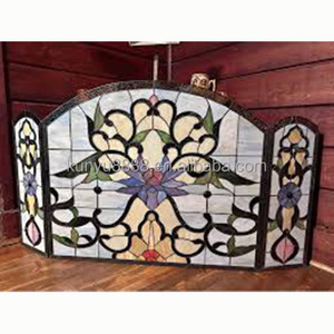 Stained Glass Fireplace <b>Screen</b> 3 Panels Floral Iris Design Traditional Decor Cathedral Shape Solid Handmade <b>Folding</b> Living Room - Product Image 3