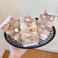 Lot de 5 élastiques à cheveux mignons pour filles avec nœuds, motif ours de dessin animé marron et fleurs, accessoires pour cheveux élastiques pour enfants