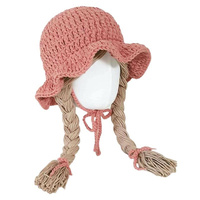 Chapeau perruque en laine crochetée rose en gros pour bébés filles avec tresses, mode automne-hiver pour enfants