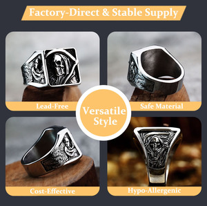 Bague Crâne Vintage Punk Biker en Acier Inoxydable pour Homme, Motif <span class=keywords><strong>Grim</strong></span> <span class=keywords><strong>Reaper</strong></span>, Idéale pour Mariages et Cadeaux, Bijoux de Mode en Gros - Product Image 2