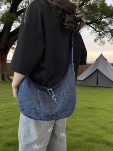 Vintage Indigo Casual Shoulder <b>Bag</b> for Female <b>College</b> Students Jeans Material Button Closure Single Strap Portable Design - Product Image 5