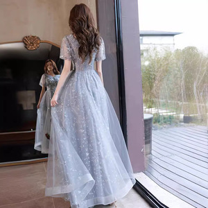 Gray And Pink Evening Gown V Neck Empire Waist Long Dress For Parties Graduations Birthday Events - Product Image 4