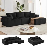Canapé modulaire sans structure de 108 pouces avec chaise longue, assise profonde en velours côtelé noir, sans assemblage, pour appartement