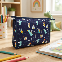 Pochette de voyage à imprimé château de dragon de dessin animé, sac de rangement pour cosmétiques en polyester à plusieurs compartiments avec poignée latérale, trousse à crayons