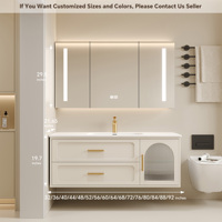 Mueble de Baño Flotante de Madera Maciza de Estilo Retro Francés de Lujo con Lavabo, Espejo LED Inteligente con Cristal Acanalado Arqueado, Juego de Doble Mueble de Baño