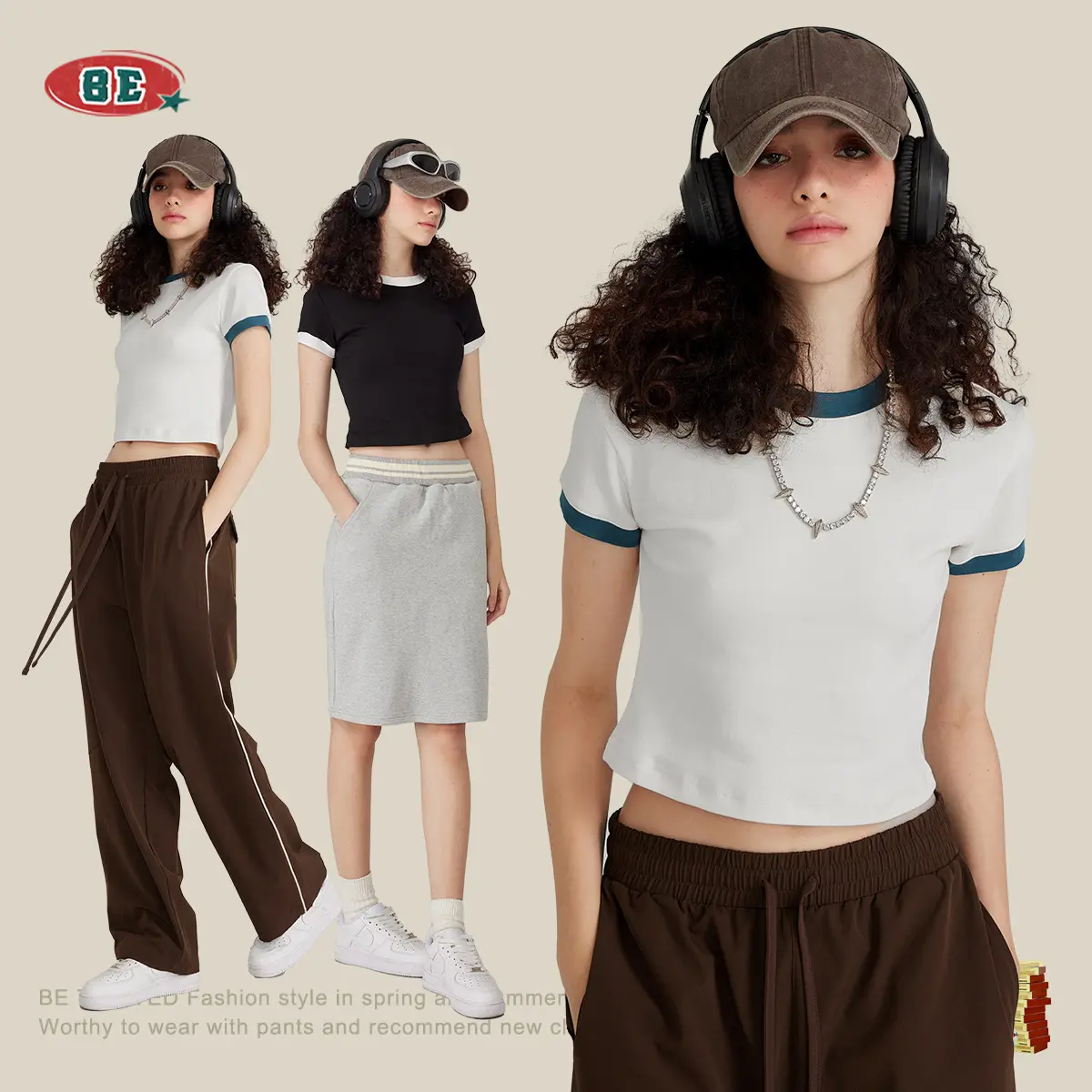 T-Shirt Raglan lengan pendek kurus Retro 2024 untuk anak perempuan obral besar mode wanita disesuaikan harga rendah kemeja atasan Crop kosong Vintage