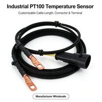 Capteur de température PT100 avec câble tressé noir, connecteur circulaire, borne annulaire en cuivre, fabrication OEM personnalisée, vente en gros