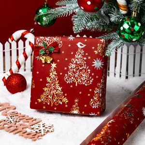 Red Wrapping <b>Paper</b> Metallic Gold Silver Foil Christmas Trees Shiny Star <b>Patterns</b> - Product Image 1