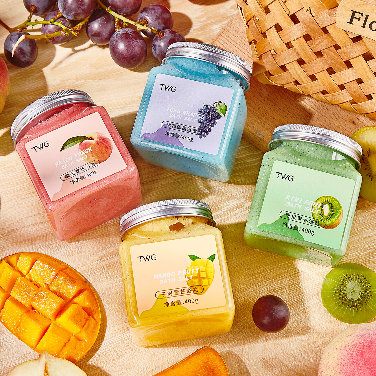 TWG frutta sale marino Scrub esfoliante all'ingrosso vegano sbiancamento della pelle idratante Mango mirtillo Kiwi bagno sale per il corpo Scrub