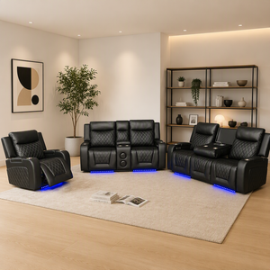 Electric <b>Recliner</b> Sofa Set Three Seat Faux <b>Leather</b> Wood Frame Power Reclining Revolving with LED Lights Modern Design - Product Image 1