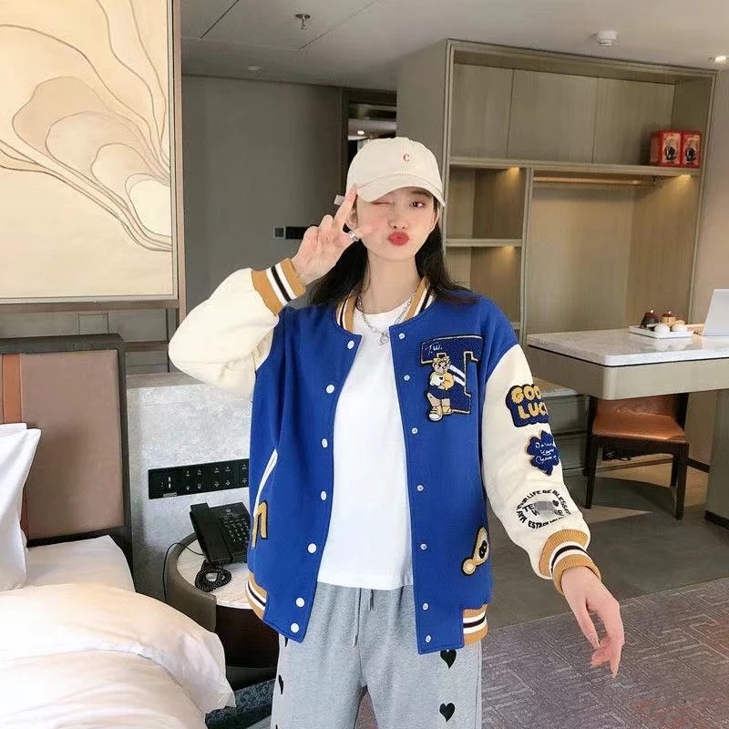 Bear Letter Embroidery Street Trend Oversized Baseball Uniform Jacket Women  Y2K Retro Harajuku Loose Casual Jacket Female