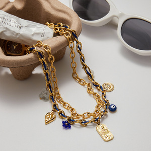 Pendentif porte-bonheur œil protecteur en acier inoxydable, bijoux multicouches dorés avec perles bleues pour accessoires de mode - Product Image 3