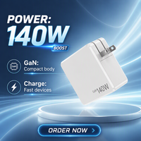 Chargeur rapide ultra compact 140W PD QC2.0 |   3 ports (2 Type-C + 1 USB) |   Tension universelle |   Matériau ignifuge |   Protection OTP |