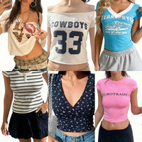 T-shirts en coton de haute qualité pour femmes, motifs variés, vêtements imprimés en stock, options grandes tailles, surplus de Hong Kong