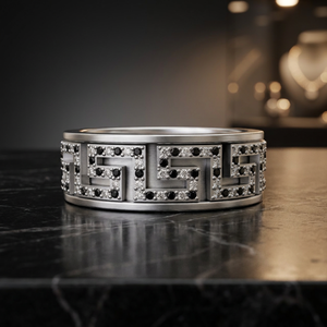 Black White Diamond Moissanite Rhodium Plated Luxury Cocktail Ring in Silver Bold Men's <b>Jewelry</b> with <b>Greek</b> Key Motif Gift - Product Image 2