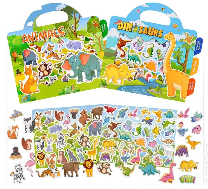 Adesivo riutilizzabile per bambini adesivi colorati divertenti giocattoli da viaggio per animali dinosauro giocattolo regalo di compleanno