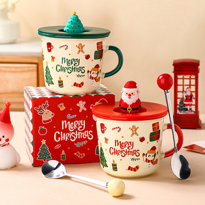 Christmas <b>Ceramic</b> Mug With Lid And Spoon 340ml Cartoon Design For Gift - Product Image 1