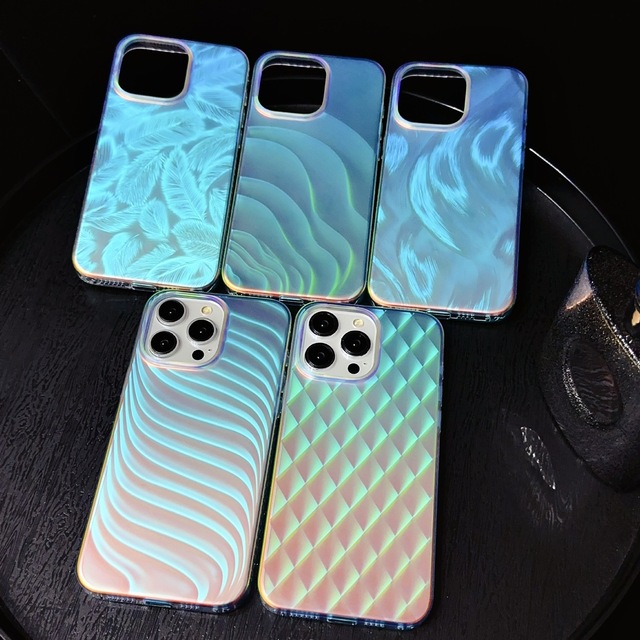 Electroplated Luxury Glossy Gradient Feather Laser Holographic Protective Shockproof Mobile Phone Cover for iphone 15 Promax 14