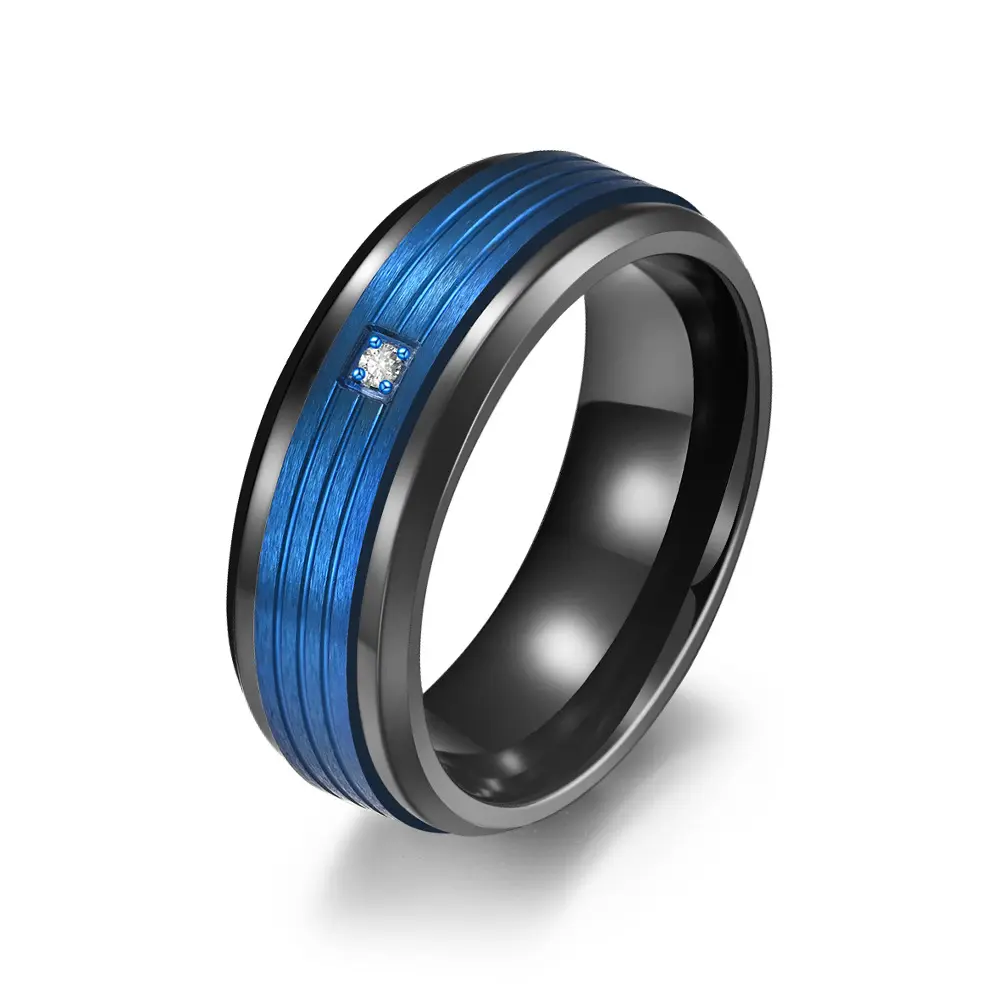 고급 블랙 블루 로즈 도금 남성용 316L 스테인레스 스틸 링 8mm 스트라이프 패턴 상감 밝은 CZ 크리스탈 결혼 반지