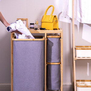 Japanese Style Solid Wood Laundry <b>Basket</b> Grey Oxford Cloth Floor Standing Storage <b>Shelf</b> Bathroom Clothing Organizer Multi Layer - Product Image 4