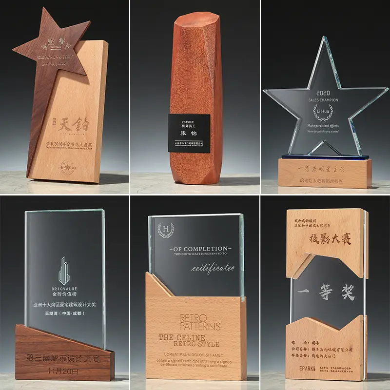 Kristallen Glazen Trofee Houten Basis Awards 3d Laser Aangepaste Logo Black Crystal Base