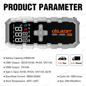 Démarreur de <span class=keywords><strong>batterie</strong></span> 2500A + Pompe à pneus intelligente avec écran LED, pinces robustes et conception portable pour le sauvetage routier - Product Image 3