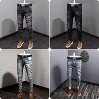 Jeans pour hommes de la mode urbaine, extensibles, bleus, imprimés par un designer personnel, pantalons punk pour hommes, jeans serrés, hip-hop