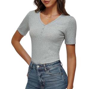 Chemise Henry pour femmes, manches courtes, coupe ajustée, décontractée, col en V, respirante, tricotée, vêtements de mode d'été - Product Image 4
