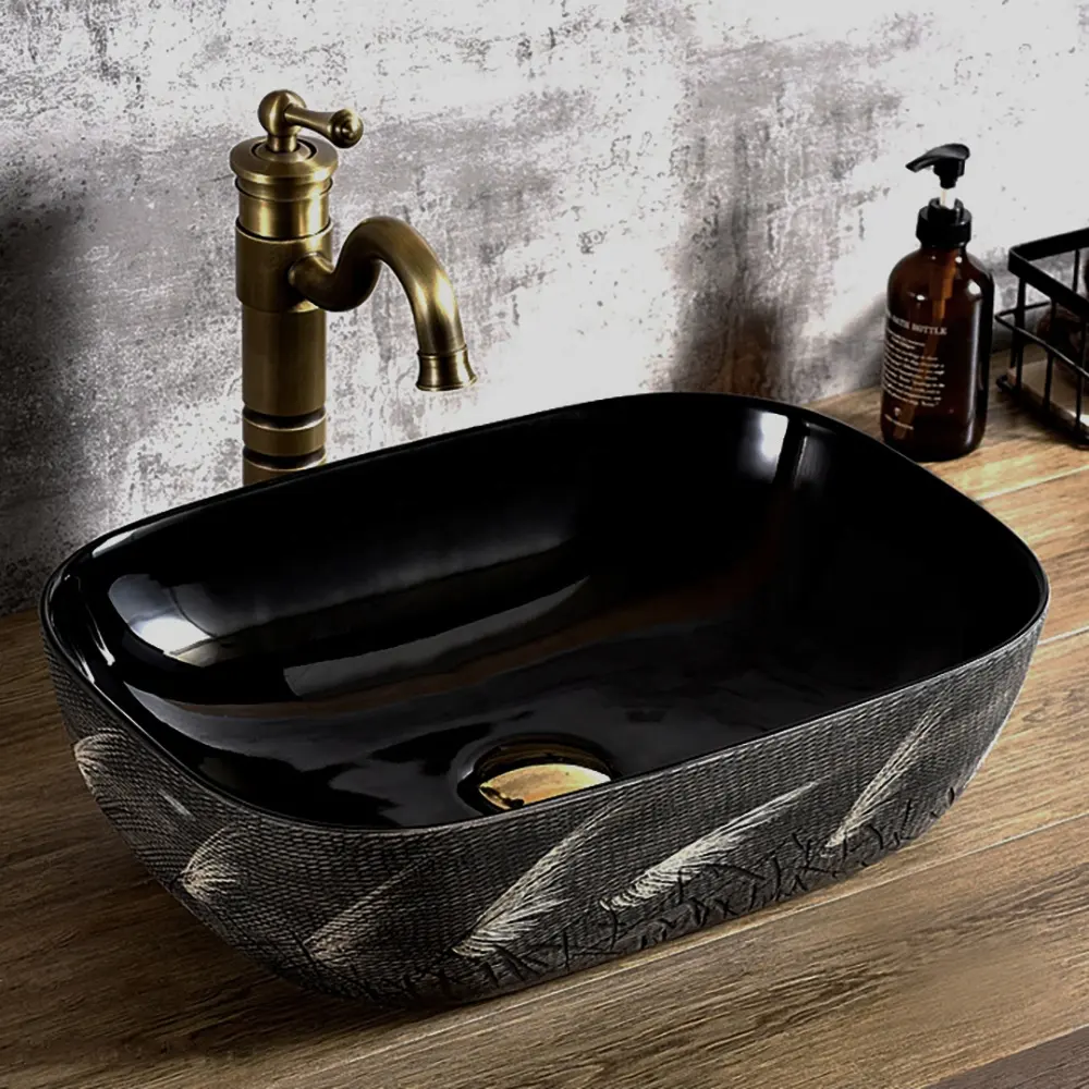Lavatório em forma de oval para banheiro artístico de cerâmica com bancada texturizada pia decorativa