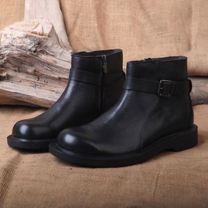 Bottes montantes en cuir véritable pour hommes, bout rond, avec boucle, semelle extérieure en caoutchouc antidérapante, chaussures de ville pour le travail, livraison directe - Product Image 2