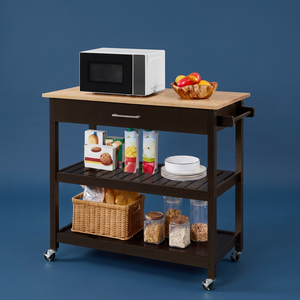 Îlot de cuisine roulant en bois massif avec tiroir de rangement, panier et armoire à roulettes - Product Image 1