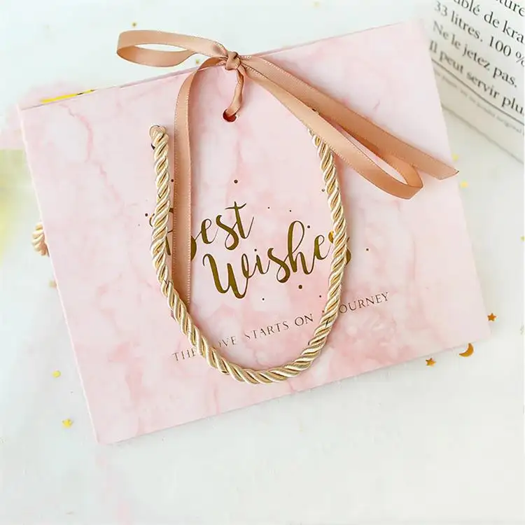 Personalised marble small white giftbag custom logo printed luxury wedding premium jewellery gift paper bags with ribbon handle