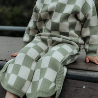 Ensemble deux pièces en tricot à carreaux pour enfants, pull à manches longues et pantalon, vêtements décontractés, vente en gros