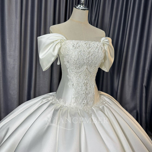 Lscm116 Romantic Ivory Off Shoulder Square Neck Puff Sleeve Lace Applique Corset Plain Satin Ball Gown <b>Wedding</b> Dress Jancember - Product Image 3