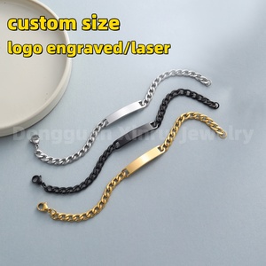 Fashion Jewelry Logo Name Customized Engraved Blank Bar Bracelet 18K Gold PVD Plated Curb Chain Stainless Steel <b>Men</b> Bracelet - Product Image 3