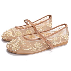 <b>Woman</b> Design Embroidery Flowers Pearl Mesh Round Tor <b>Buckle</b> Strap Ballet Flats Loafers Ladies Mary Jane Shoe Mules <b>Sandal</b> - Product Image 1