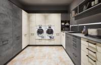 Meuble de lavage moderne en acier inoxydable et contreplaqué laqué, résistant à l'eau, écologique, pour villa, avec miroir et base pour machine à laver