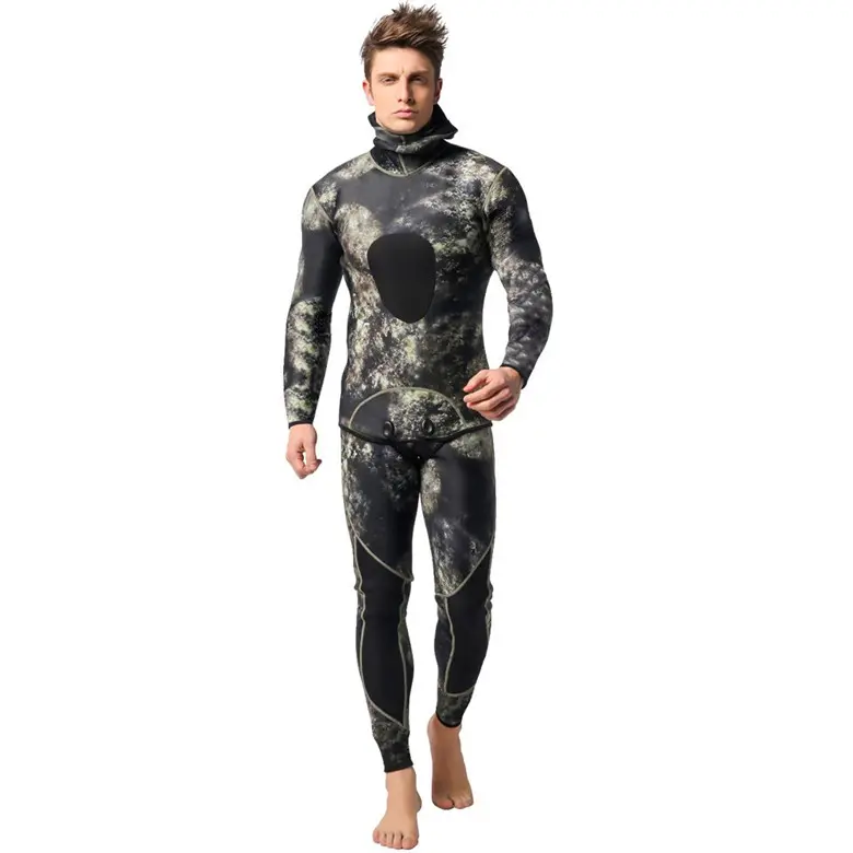 3mm yumuşak yüksek kaliteli neopren camo yetişkin tam vücut iki parçalı dalgıç kıyafeti kapşonlu spearfishing wetsuit