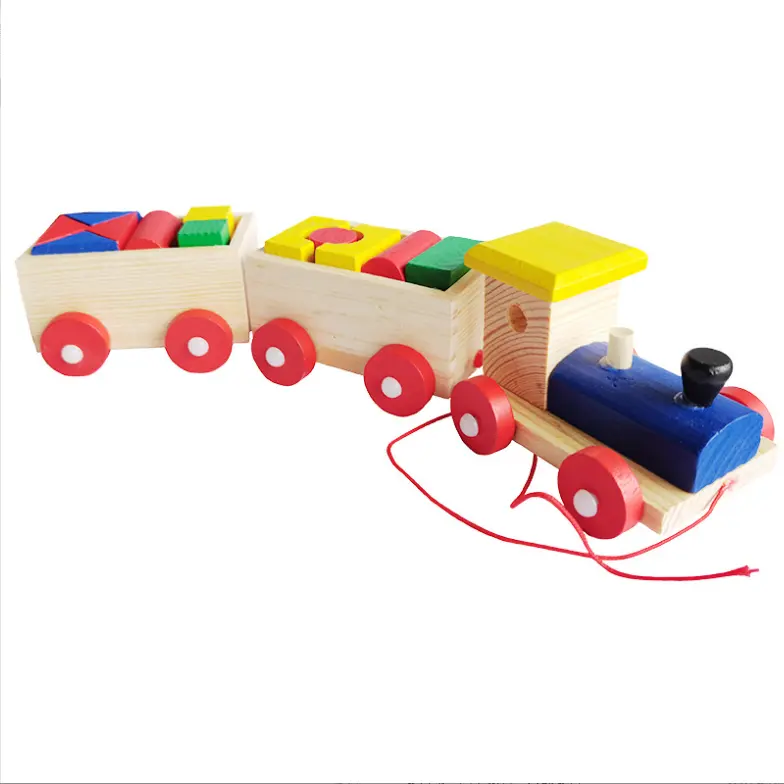เรียงลำดับรูปร่างซ้อนรถไฟไม้ของเล่นเด็กวัยหัดเดิน