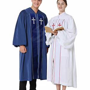 Batas de iglesia de tela transpirable para servicios de clima cálido Batas de Iglesia blancas clásicas con bordado y adornos dorados - Product Image 1